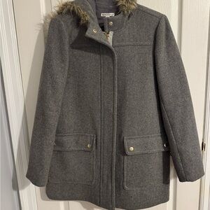 J. Crew Factory Gray Pea Coat with Faux Fur Trim